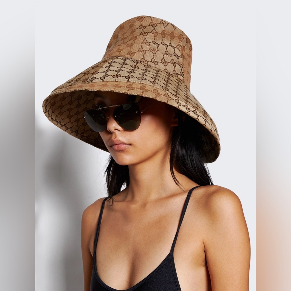 Monogram Beige Tan Canvas Bucket Hat Wide Large Brim Jacquard Sun Coverage New